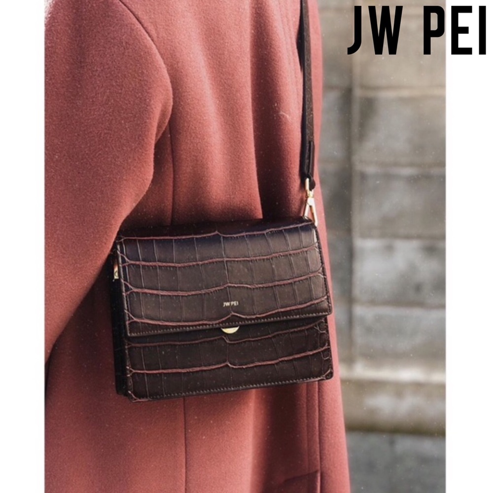 JW PEI Croc-Embossed Shoulder Bag in Dark Brown